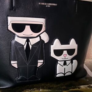 Black Designer Tote Bag with Cartoon Patch